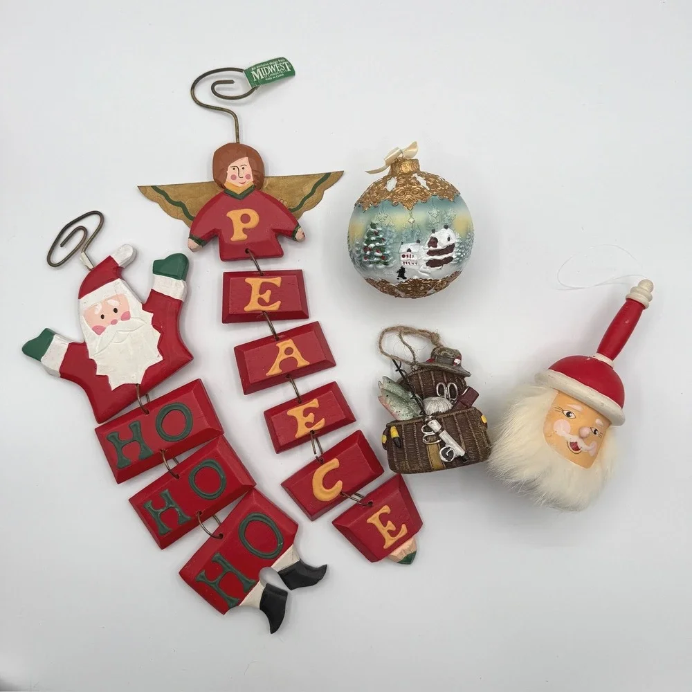 Mixed LOT Decor with Vintage Dept 56 Christmas Wood Bell Ornament Santa‎ Claus